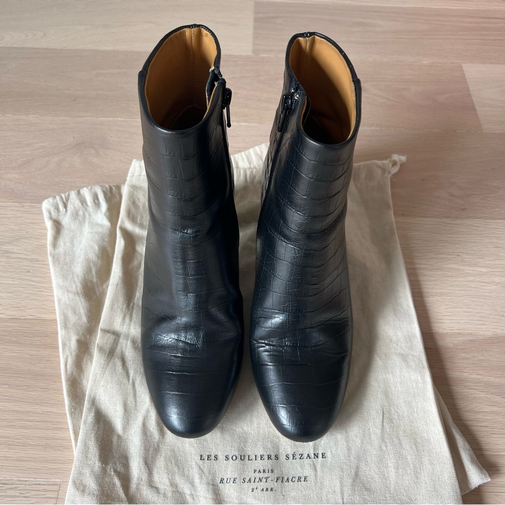 Sezane Black Croc-Patterned Ankle Booties - Picture 3 of 15